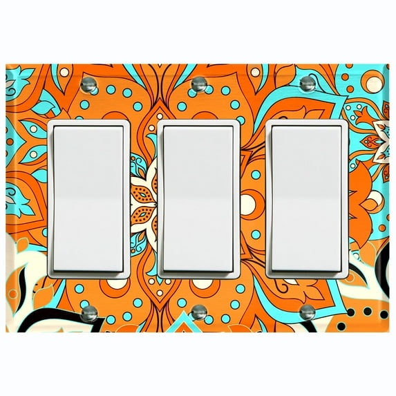 Metal Light Switch Plate Cover Orange Teal Flower Mandala Tile Pattern MDL015