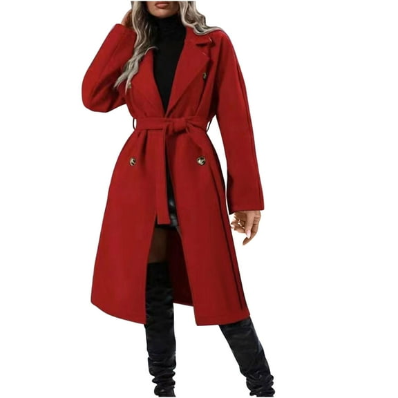 Classy Wool Blend Trench Coats Ladies with Belt Double Breasted Long Sleeve Notched Lapel Collar Warm Overcoat (X-Large, Red)