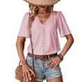 thumbnail image 1 of Blusa de verano holgada con escote en V, manga corta, encaje con ojales y botones para mujer - Rosa coral, 1 of 6