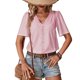 thumbnail image 1 of Blusa de verano holgada con escote en V, manga corta, encaje con ojales y botones para mujer - Rosa coral, 1 of 6