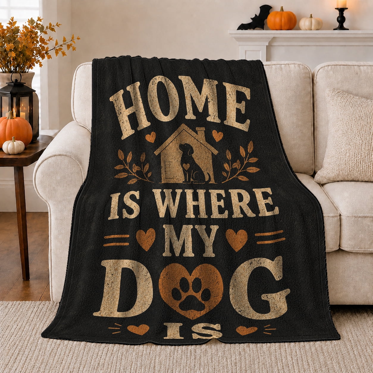 Home Is Where My Dog Is Rustic Typographic Cozy Pet Portrait Pattern Warm Flannel Blanket for Living Room and Reading Nook Dog Lovers Pet Adoption Gift Pet Lover Home Decor
