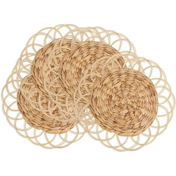 Fennco Styles Rattan & Water Hyacinth Charger Plates 15" Round, Set of 4 - Natural Table Chargers for Home, Boho Décor, Dining Table, Banquets, Special Events