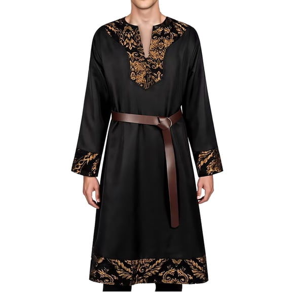 Kalauyu Men Vintage Halloween Print Long Sleeve Robe V Neck Belted Loose Tunic Costume Dress for Medieval Renaissance Halloween Cosplay Party