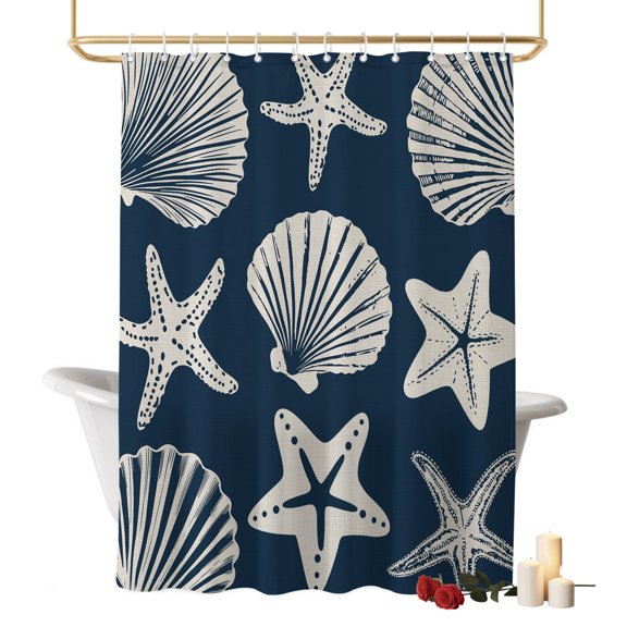 Navy Blue Coastal Bathroom Shower Curtains with Hooks, Starfish Shell Ocean NauticalV Waterproof Fabric Washable Shower Curtain for Home Hotel Bathtub Decor 48x72 Inch