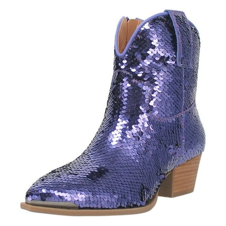 YDN Women Womens Sequins Closed Toe Ankle Booties Block Low Heel Side Zip Western Boots Sparkle Fall Weather Dress Shoes Size 7.5 Purple