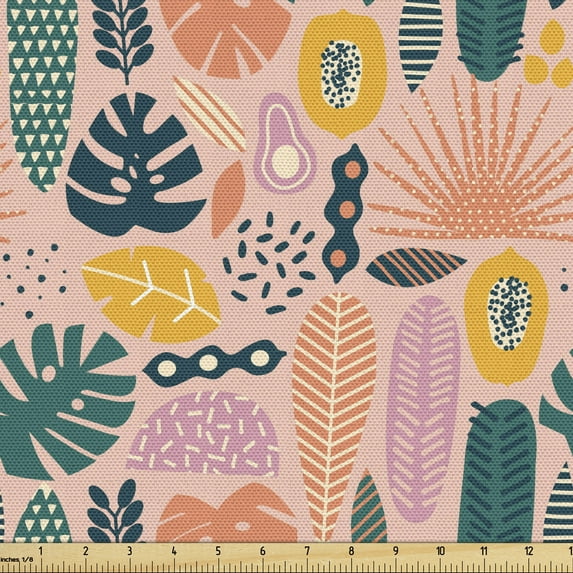 Hipster Upholstery Fabric by the Yard, Tropical Leaves Illustration Monstera Coconut Palm Leaves Rainforest Foliage Doodle, Decorative Fabric for DIY and Home Accents, Multicolor by Ambesonne