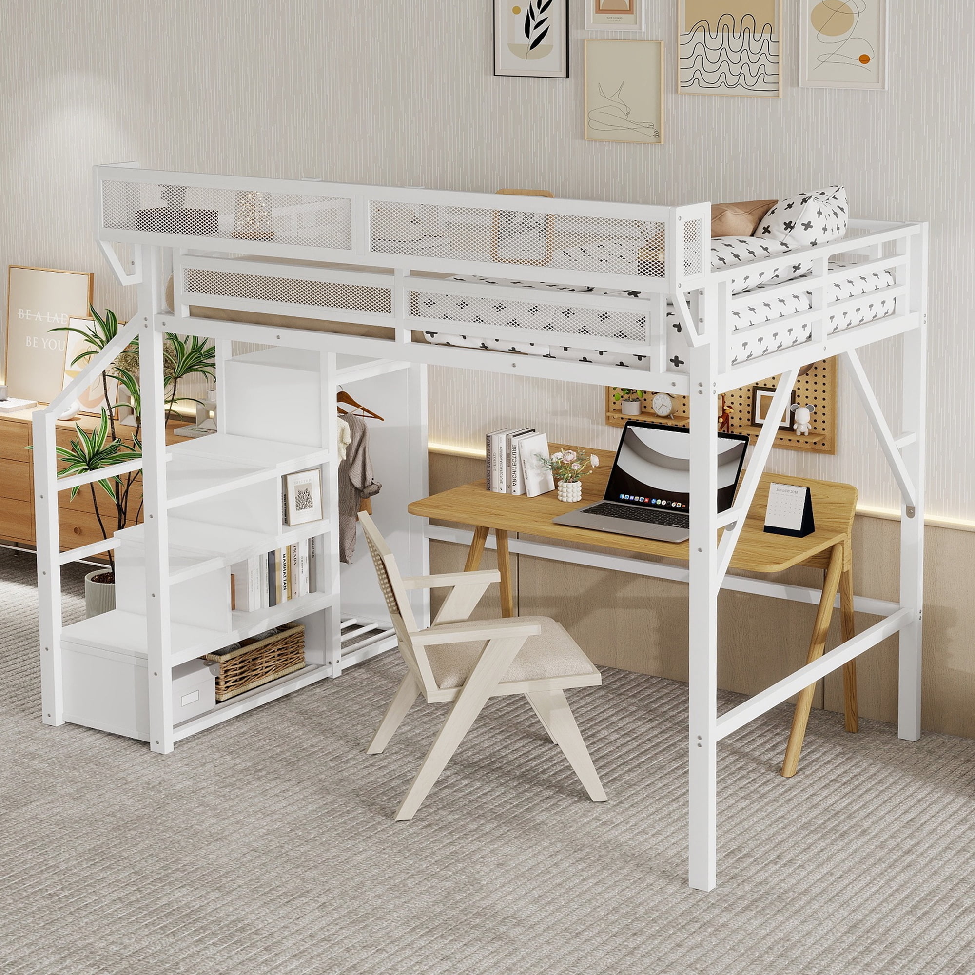 Mirightone Full Size Loft Bed with Stairs, Heavy-Duty Metal Loft Beds, High Loft Bed Frame with Storage Shelves, Junior loft Bed with Wardrobe for Boys Girls and Teens.( White)