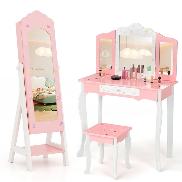 Gymax Kids Vanity Set Princess Makeup Dressing Table & Chair Set w/ Jewelry Armoire Pink