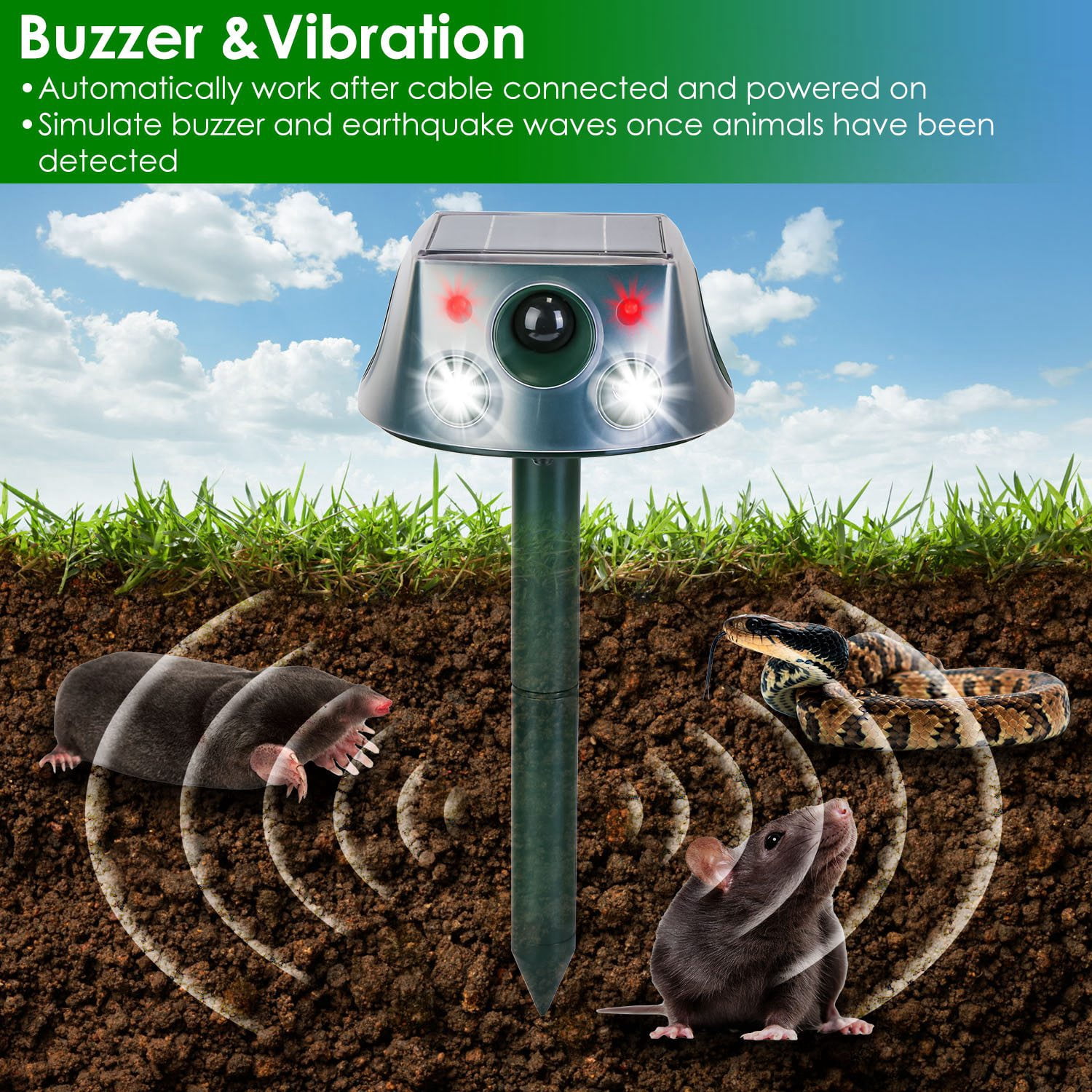 Imountek Solar Animal Repeller Ultrasonic Mole Snake Squirrel Repellent with 3 Modes Motion Sensor