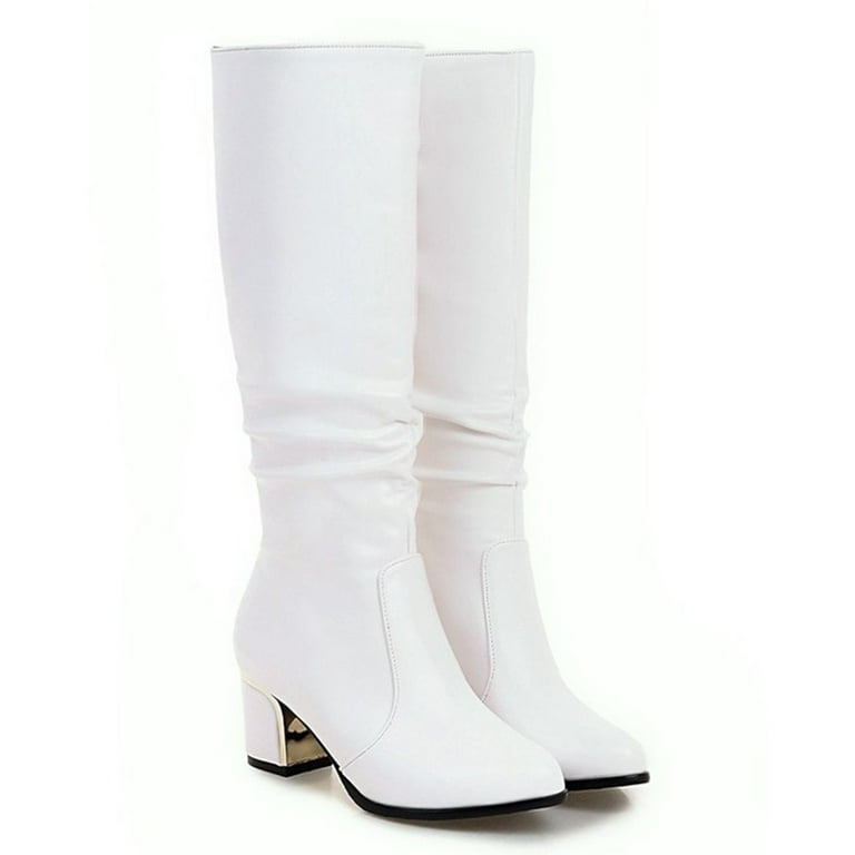 2024 Womens Knee High Boots Pointed Toe Pull On Chunky Heel Winter