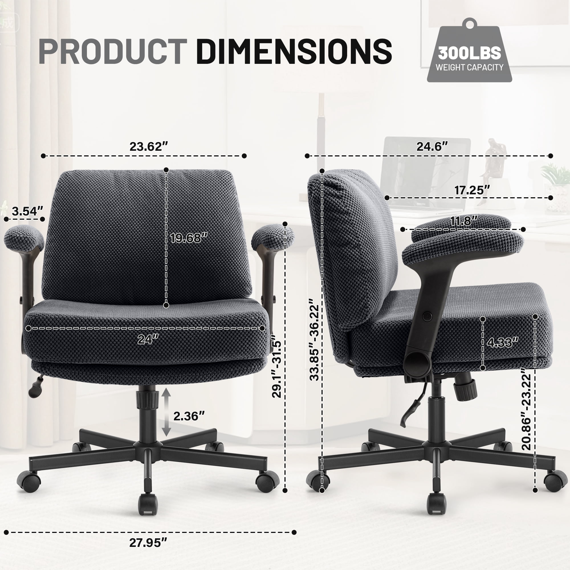 Criss Cross Chair with Flip-up Armrests, Wide Cross Legged Office Chair, Fabric Ergonomic Desk Chair with Wheels, Lumbar Support, Swivel Vanity Chair for Home Office, Bedroom, Study