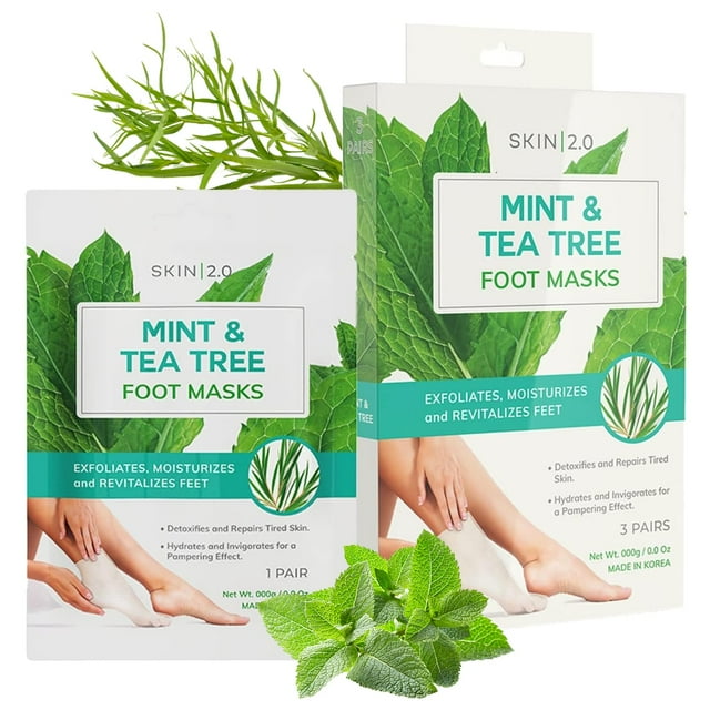 Skin 2.0 Mascarillas para pies de árbol de té y menta Calcetines hidratantes - Combate el pie de atleta Desintoxica y exfolia Mascarilla para pies relajante y refrescante - Cuidado de la piel coreano