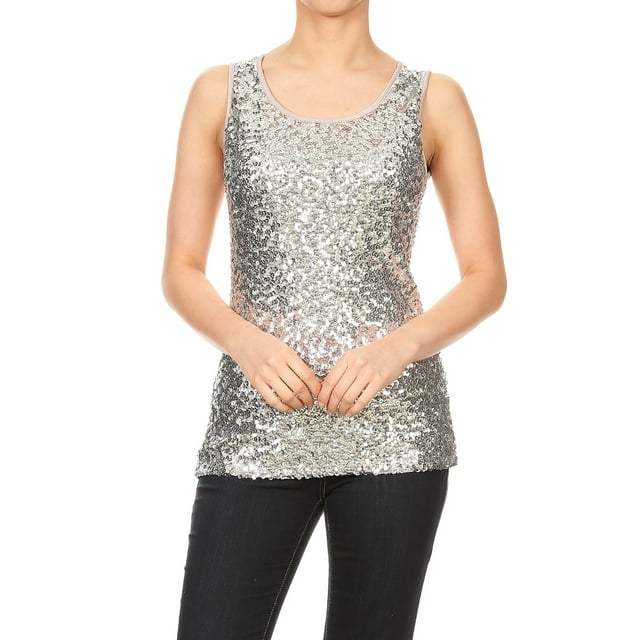 Womens Sparkle & Shine Glitter Sequin Embellished Sleeveless Round Neck Tank Top, Silver, Small