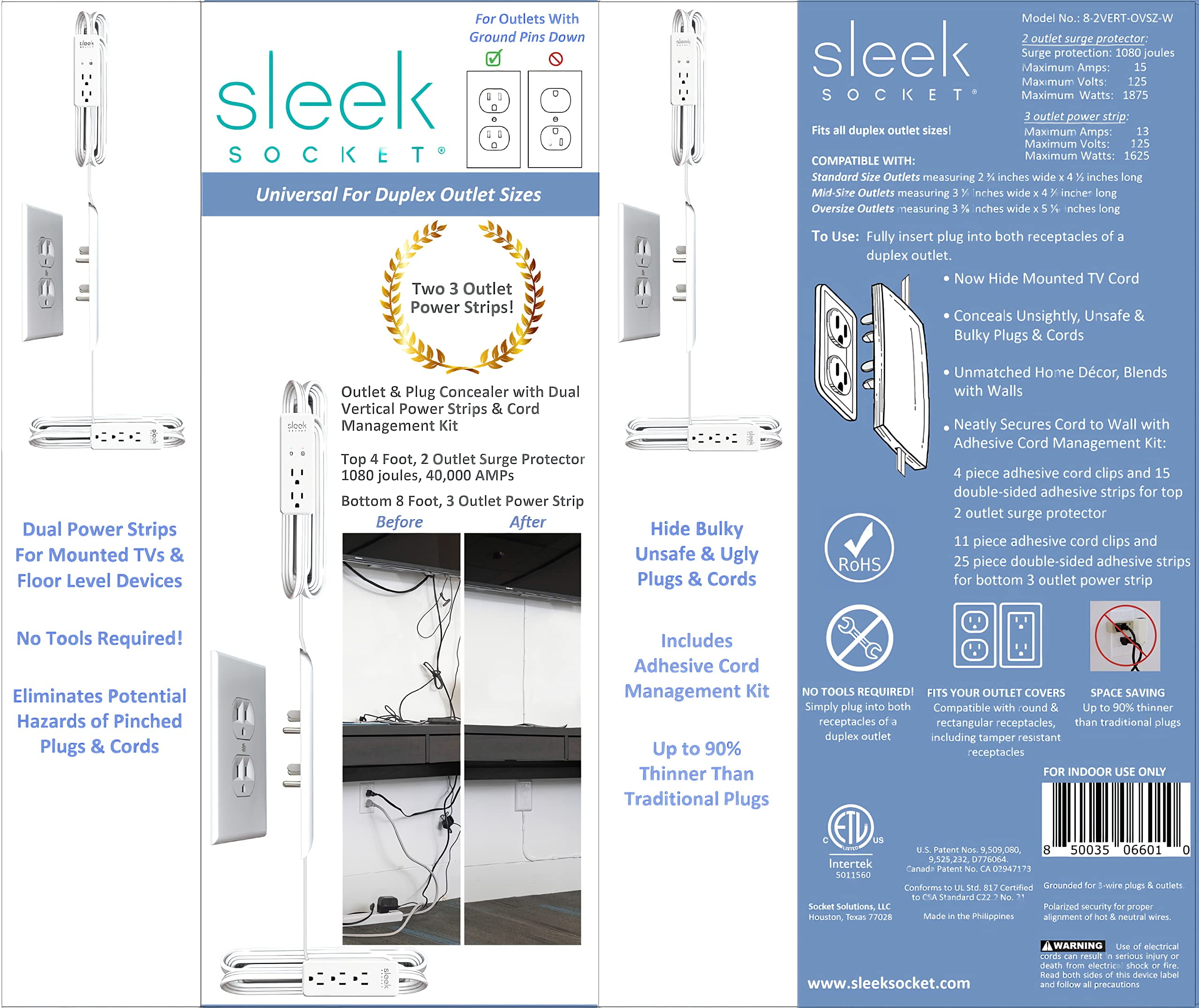 Sleek Socket Wall Outlet Concealer, Dual Power Strip Surge Protector, For Mounted TV Plus