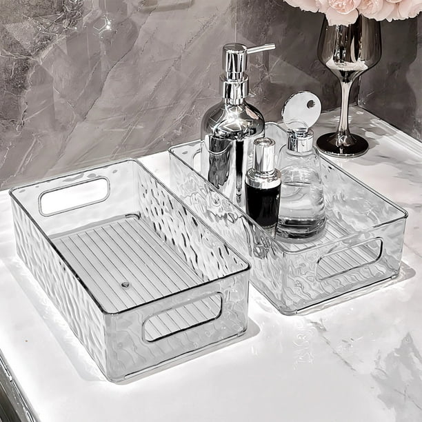 Contenedores Transparentes con Tapa, Caja de Almacenamiento para Baño, Organizador de Cosméticos con Asa y Diseño de Glaciar, Cesta de Plástico para Escritorio, Base Antideslizante, Organizador Multi