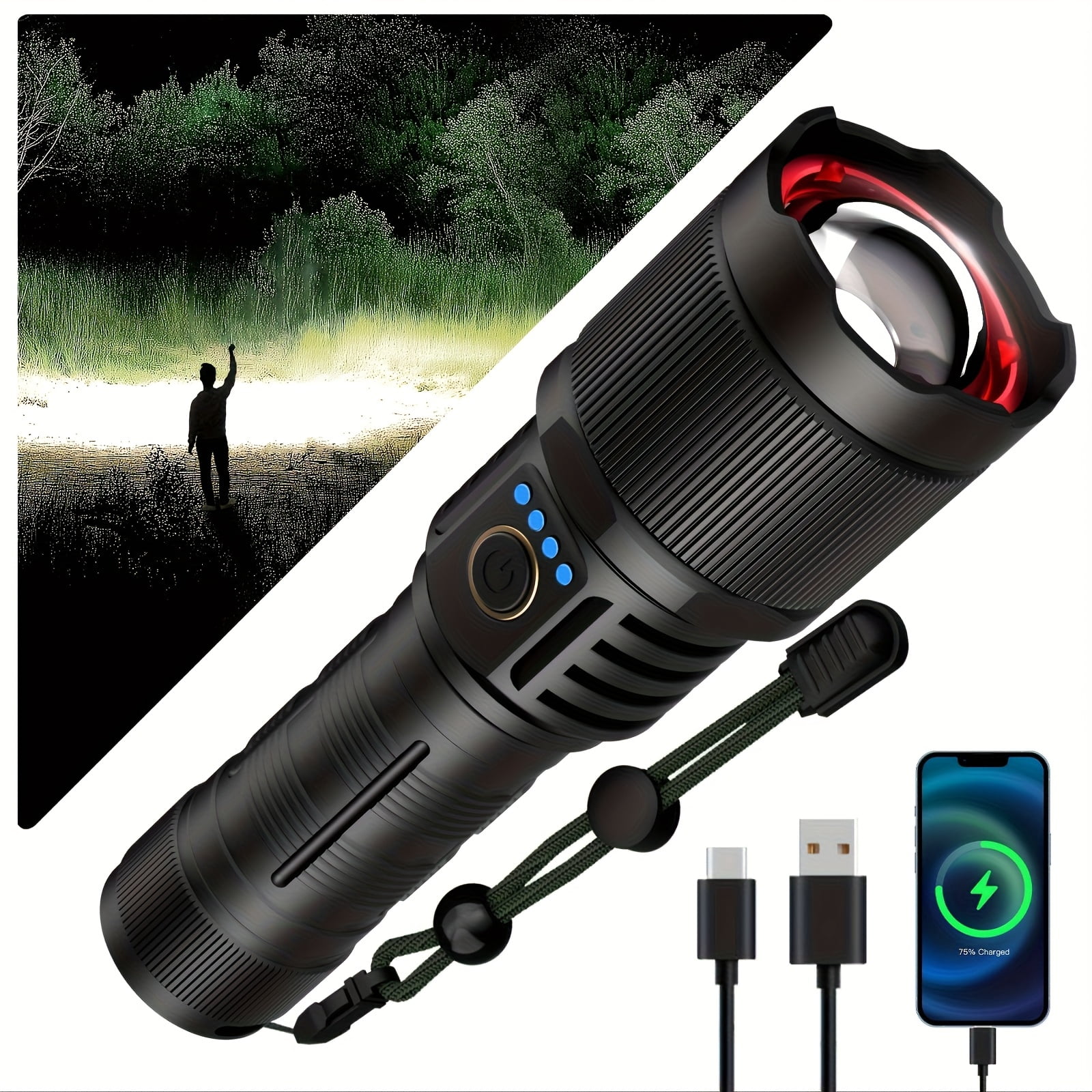 SKYFIRE Tactical LED Flashlight, High-Brightness Rechargeable with Zoom & 3 Modes