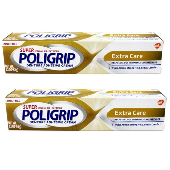 SUPER POLIGRIP Denture Adhesive Cream Extra Care 2.20 oz (Pack of 2)