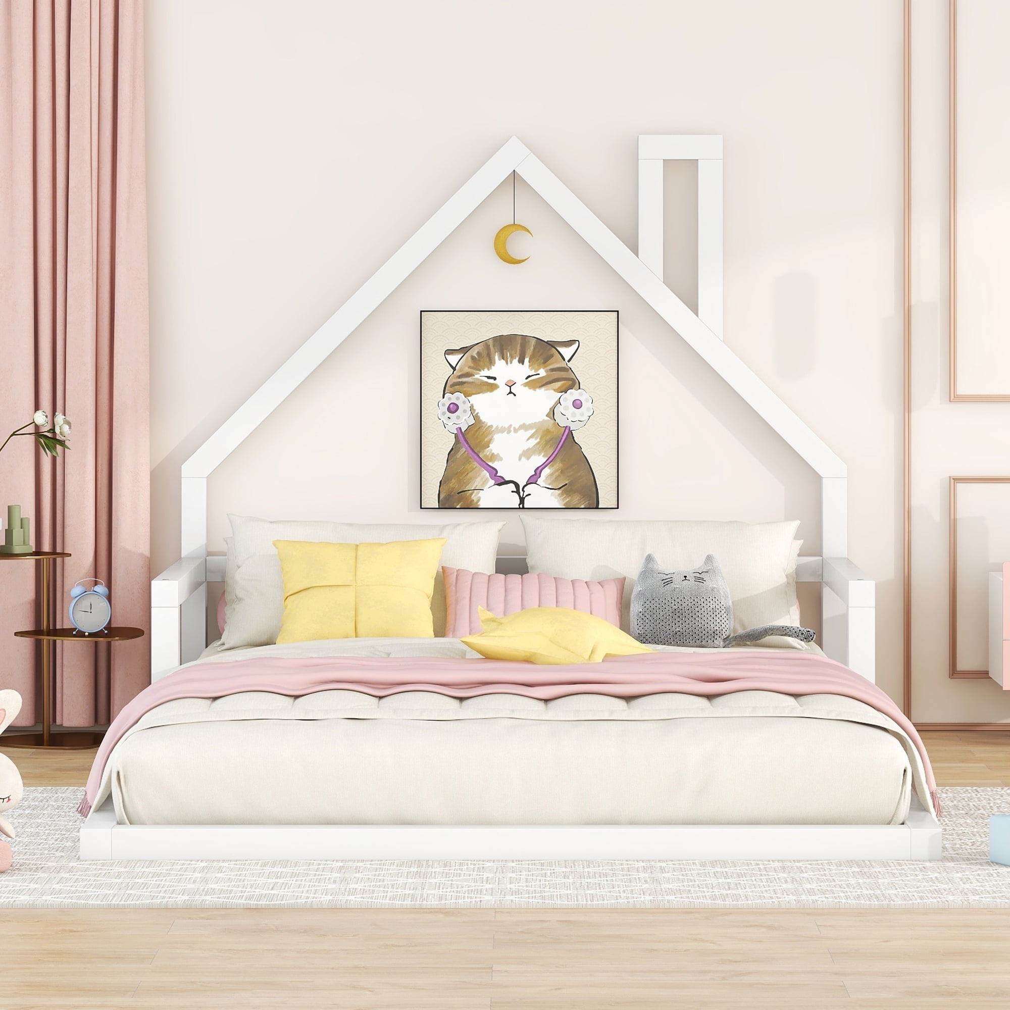 Leumius Full Size Floor Bed with House-Shaped Headboard,Montessori Bed Low Floor Bed Frame with Slats for Boys Girls,No Box Spring Needed,White