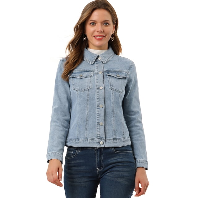 Chaqueta vaquera desgastada de manga larga con botones de mezclilla para mujer Azul claro S