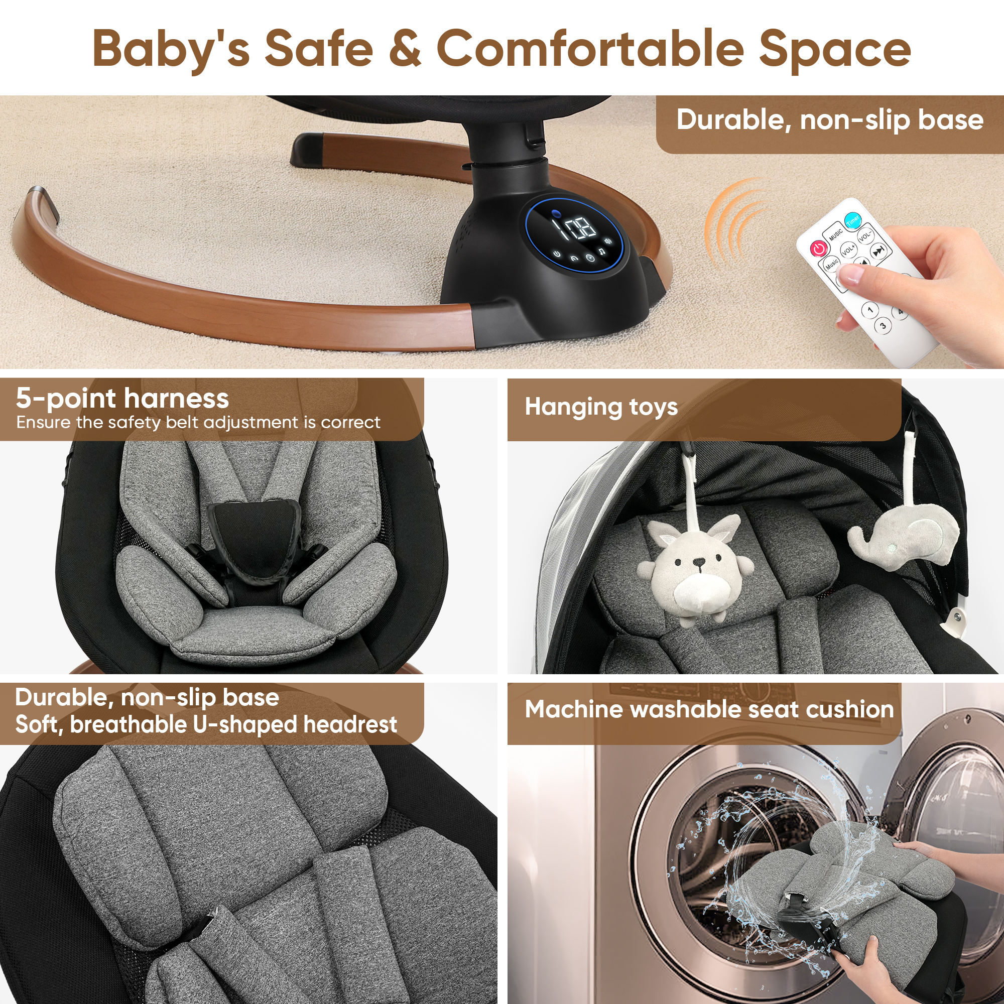 Babyeap Baby Swing with Bluetooth Remote Control, Gray photo 7