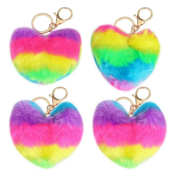 ROMANSENTIAL Heart Shaped Keyring Plush Ball Design Assorted Color 4Pcs 3.54x2.76x1.57In