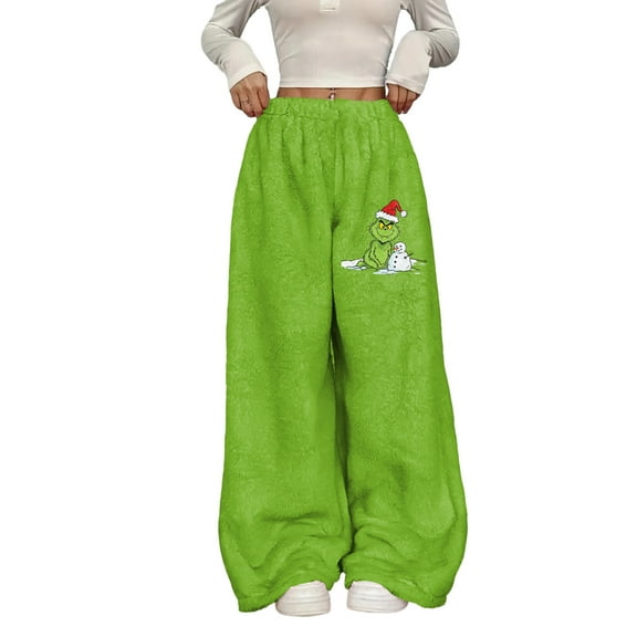 Women's Casual Christmas Print Elastic Waist Loose Fit With Plush Wide Leg Pants