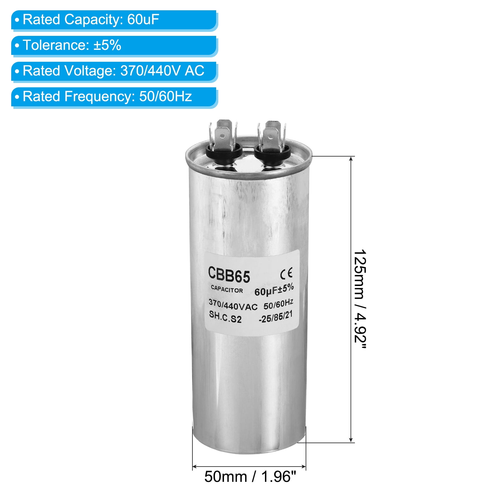 Uxcell CBB65 60uF Run Capacitor,60mfd 1Pcs AC 370/440V Aluminum Case with 2 Terminal