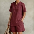 thumbnail image 4 of Arlun Womens Linen 2 Piece Sets Neck Button up Short Sleeve Shirts and Wide Leg Shorts Set Summer Relaxed Fit Casual Two Piece Outfits Solid Color Matching Set Daily Wear Red XL, 4 of 5
