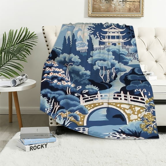 JRXY Thicken Throw Blankets Blue Yellow and White Chinoiserie Pagoda Flannel  Blankets for Bed Couch Sofa Chair,  Warm Cozy Fuzzy Plush Super Soft Blanket for Hot Sleepers  White