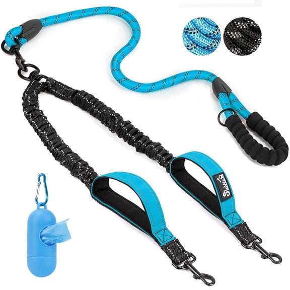 35 inch Nylon Rope Dog Leash, Bungee, Reflective, Foam Handle, No Tangle, Blue