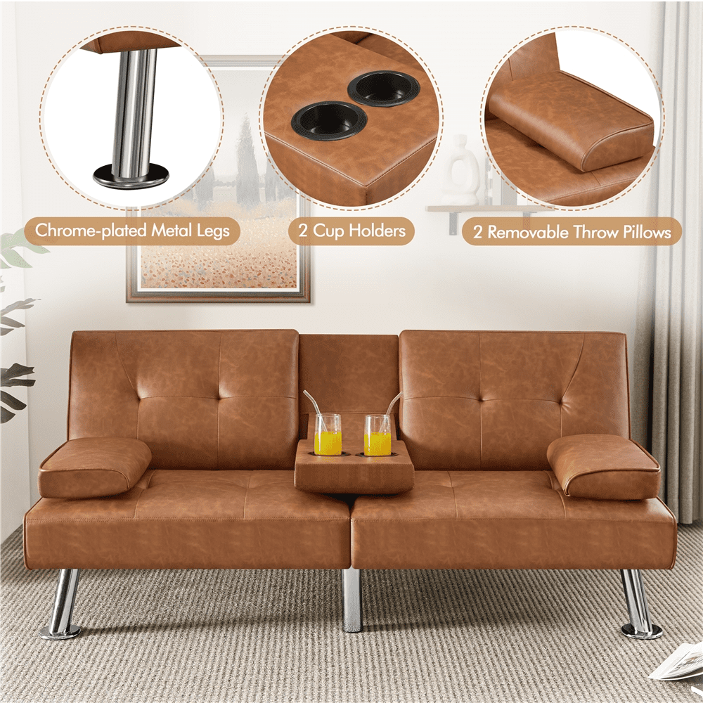 Renwick Modern Faux Leather Futon Sofa Bed Convertible Folding Couch with Cup Holders, Brown
