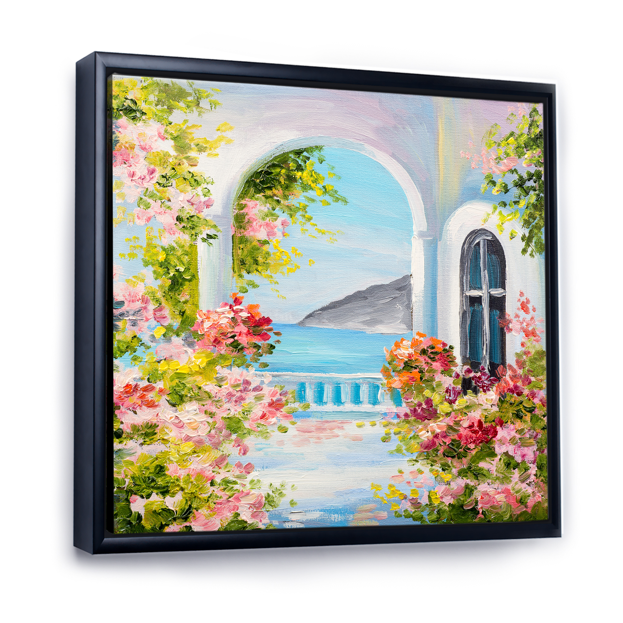 Pink Flowers With Traditional Greek House 36 in x 36 in Framed Painting Canvas Art Print, by Designart