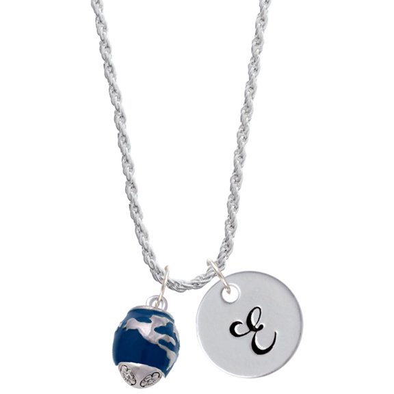 Delight Jewelry Silvertone Blue Enamel World Globe Spinner Silvertone Script Initial Disc - E - Charm Necklace, 20"+3"