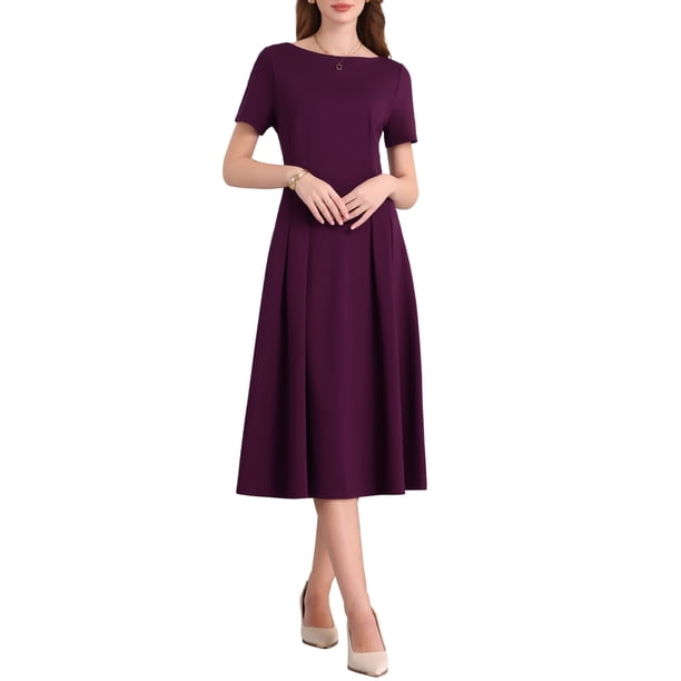 INSPIRE CHIC Vestidos de Cuello Barco para Mujeres 2025 Midi Swing Vestido A-Line para Ocasiones Elegantes y Casuales M Púrpura Rojo