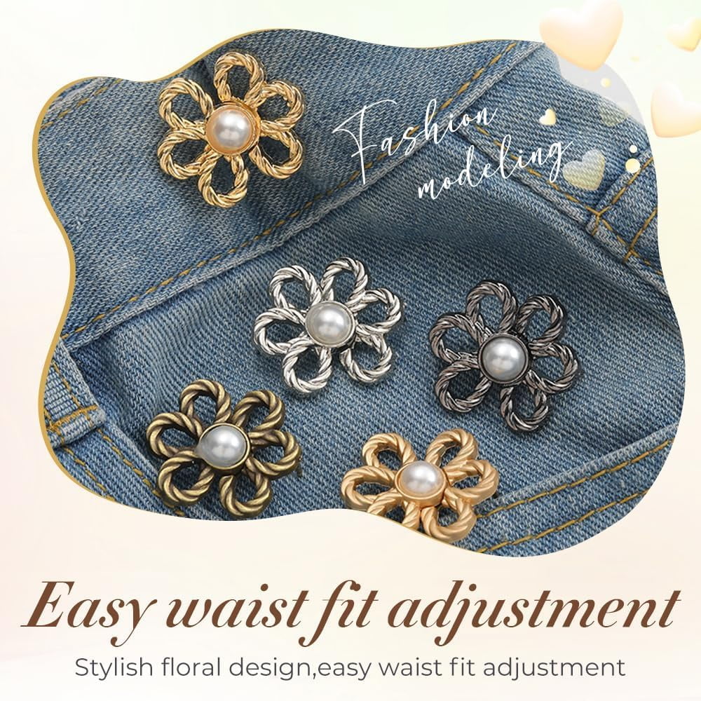 Pant Waist Tightener Flower Buttons Pins for Loose Jeans, Jean Buttons Pins, Adjustable Waists Buckle Sets No Sew, Reusable Waist Tightener 16PCS