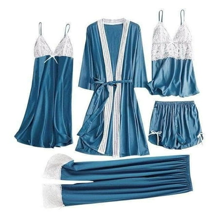 

5Pcs Sexy Women Pajamas Sets Ladies Satin Lace Trousers Shorts Nightdress Robe Pajamas Lingerie