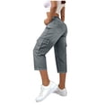 thumbnail image 4 of Straight Leg Jeans for Women Cargo Pants for Women Spring Summer Casual Loose Straight Leg Cropped Capri Jeans 6 Pockets High Waisted Stretchy Denim Pants, 4 of 5