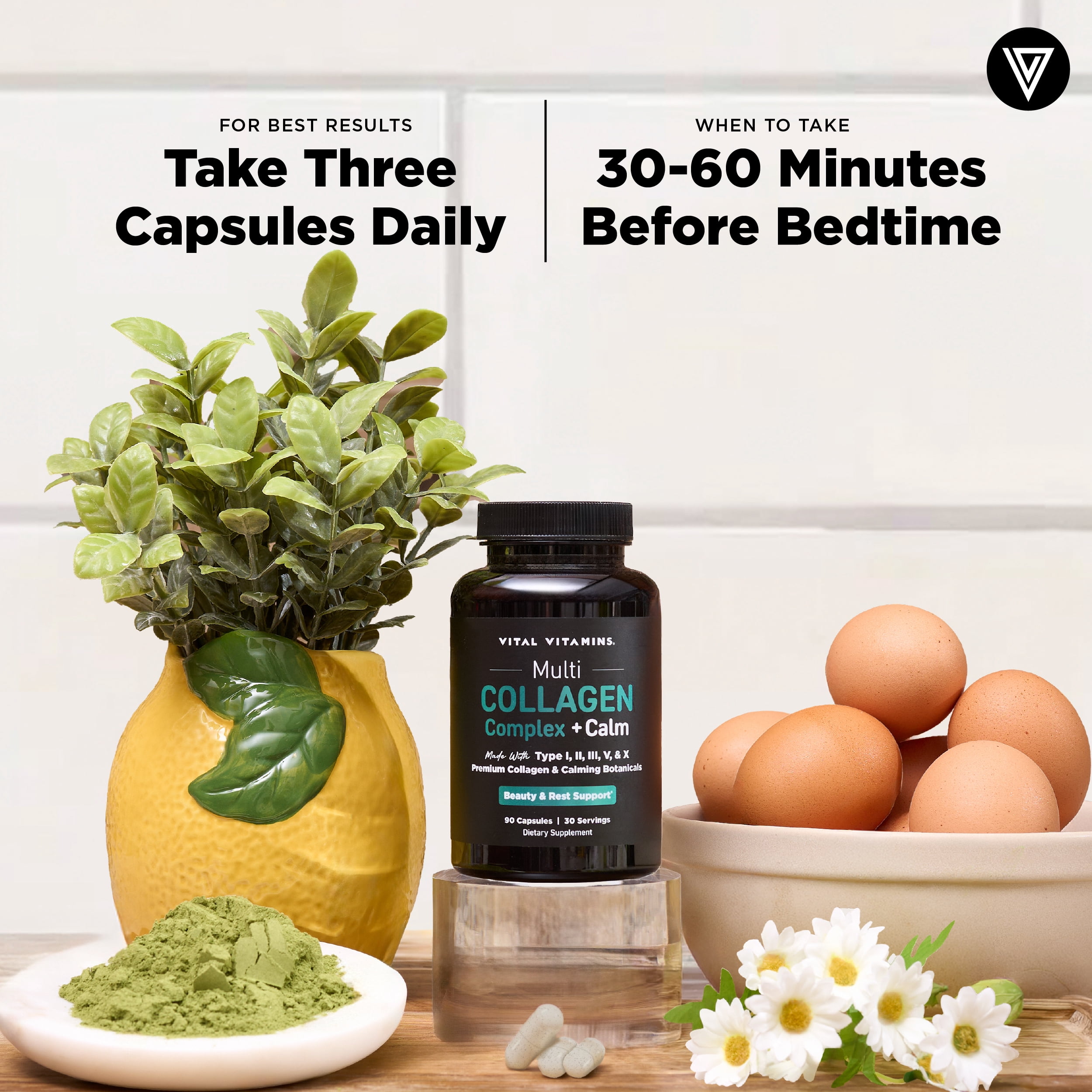 Vital Vitamins Multi Collagen Complex + Calm - 5 Collagen Types (I, II, III, V & X) for Skin, Hair, Nails & Joints - L-Theanine, Ashwagandha & Magnesium Glycinate - Melatonin-Free Relaxation - 90 Ct