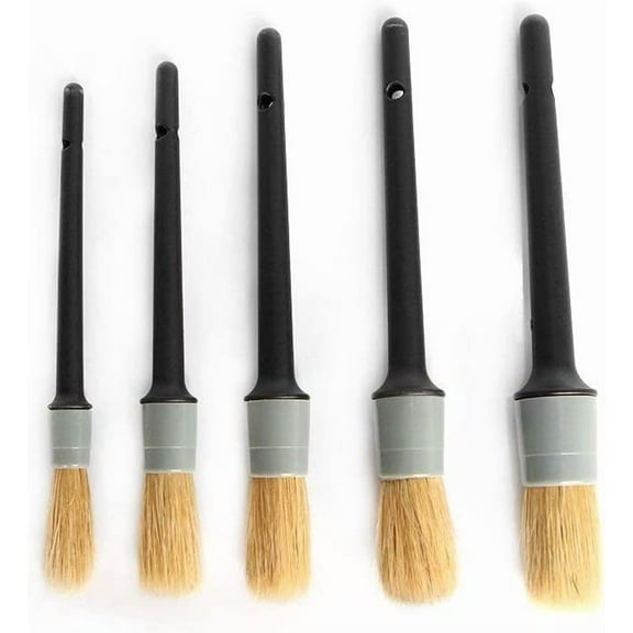 Natural Boar Hair Detail Brush (Set of 5),Premium Detail Brushes for Engines, Wheels, Interior, Leather, Trim,Air Vents, Emblems