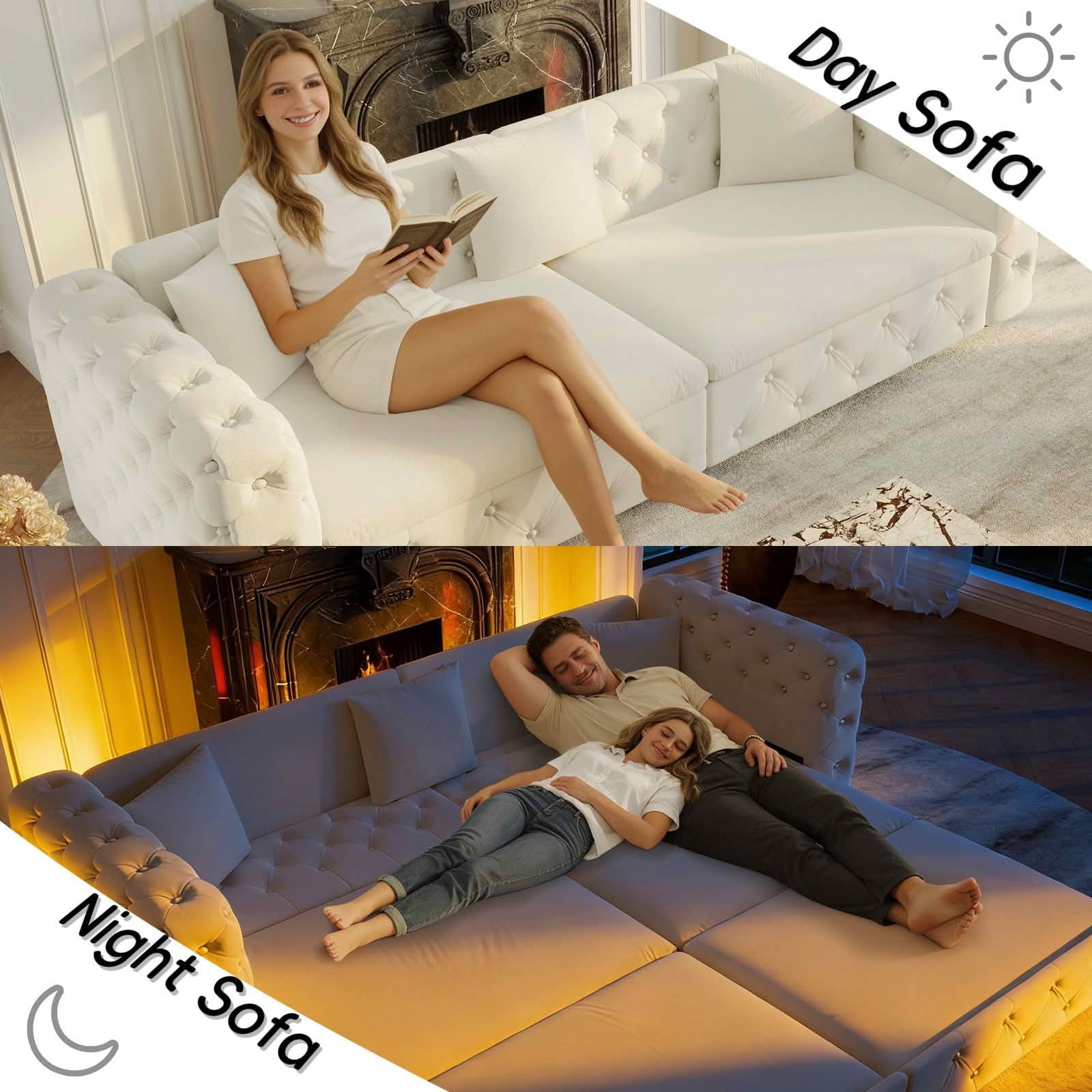 MAYEERTY 89" 4‑Seater 3‑in‑1 Pull‑Out Velvet Sofa Bed, Classic Tufted Multifunctional Couch with 3 Throw Pillows for Apartment & Living Room
