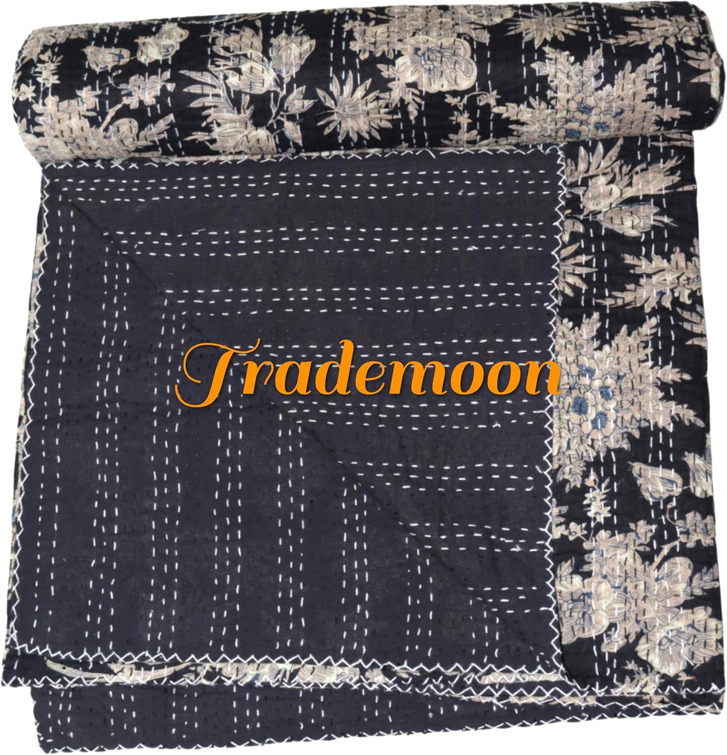 Indian Vintage Floral Kantha Quilt, Black & White Cotton Bedspread with White Stitched Pattern, Kantha Gudri(Twin Size - 60" x 90")