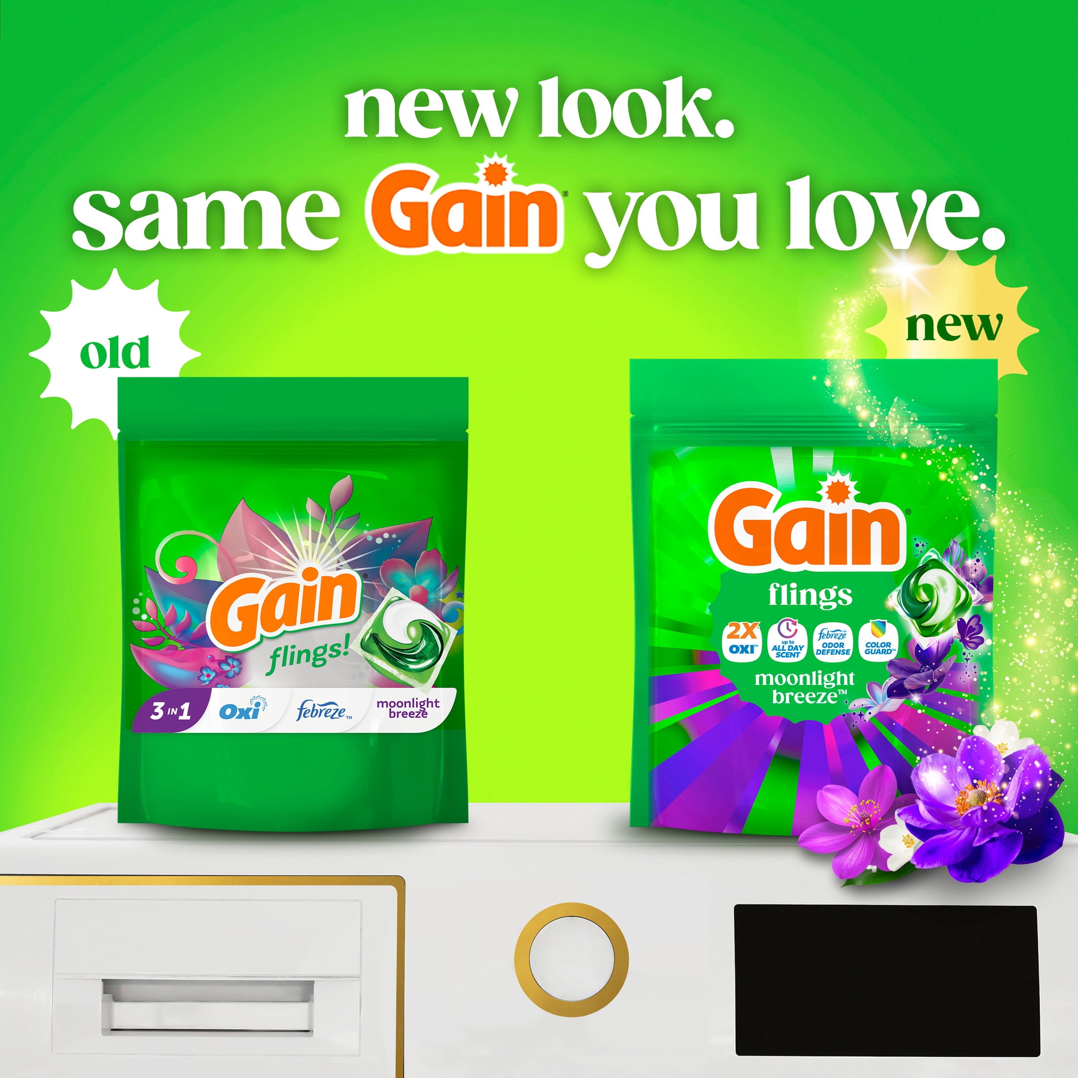 Gain Flings Laundry Detergent Soap Pacs, 4-in-1 Oxi Boost and Febreze, Moonlight Breeze Scent, 12 Count