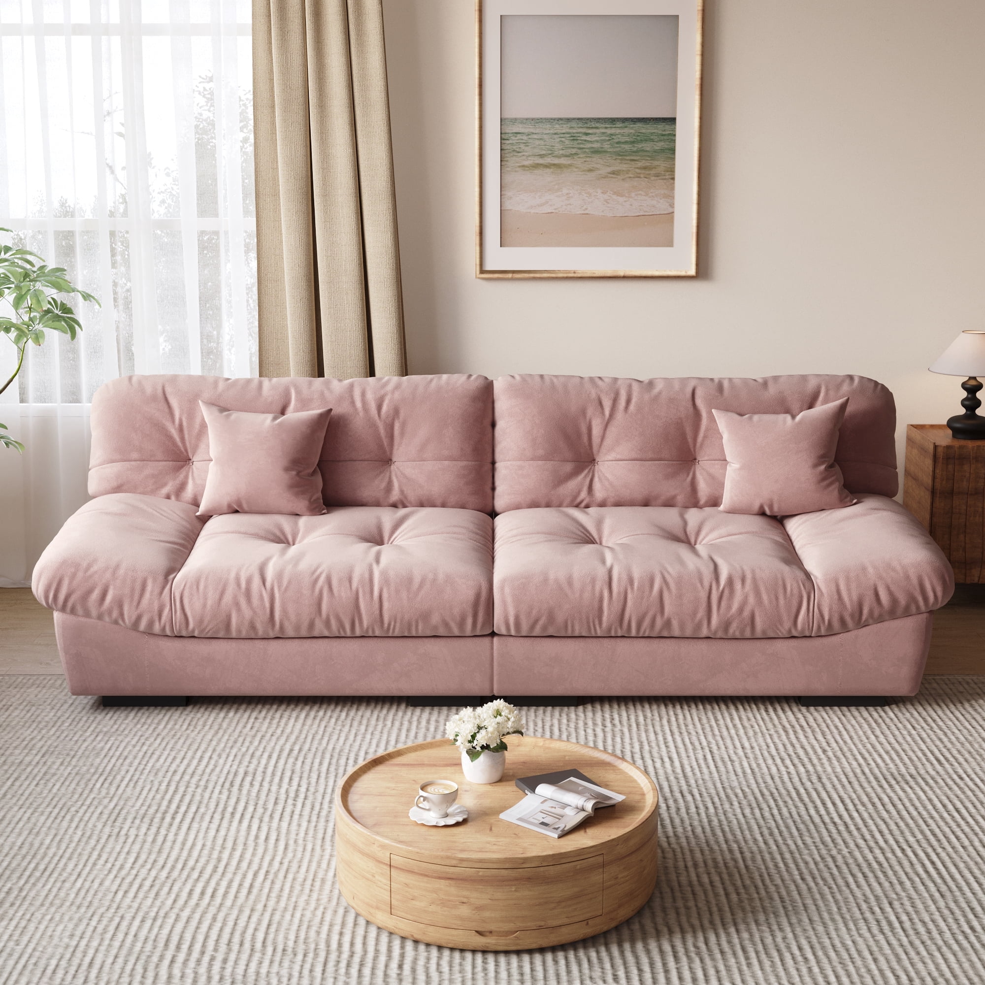 Magic Home 105" Cloud Sofa,Modern Velvet Couch,3-Seat Sofa for Living Room,Apartment and Small Space,Pink