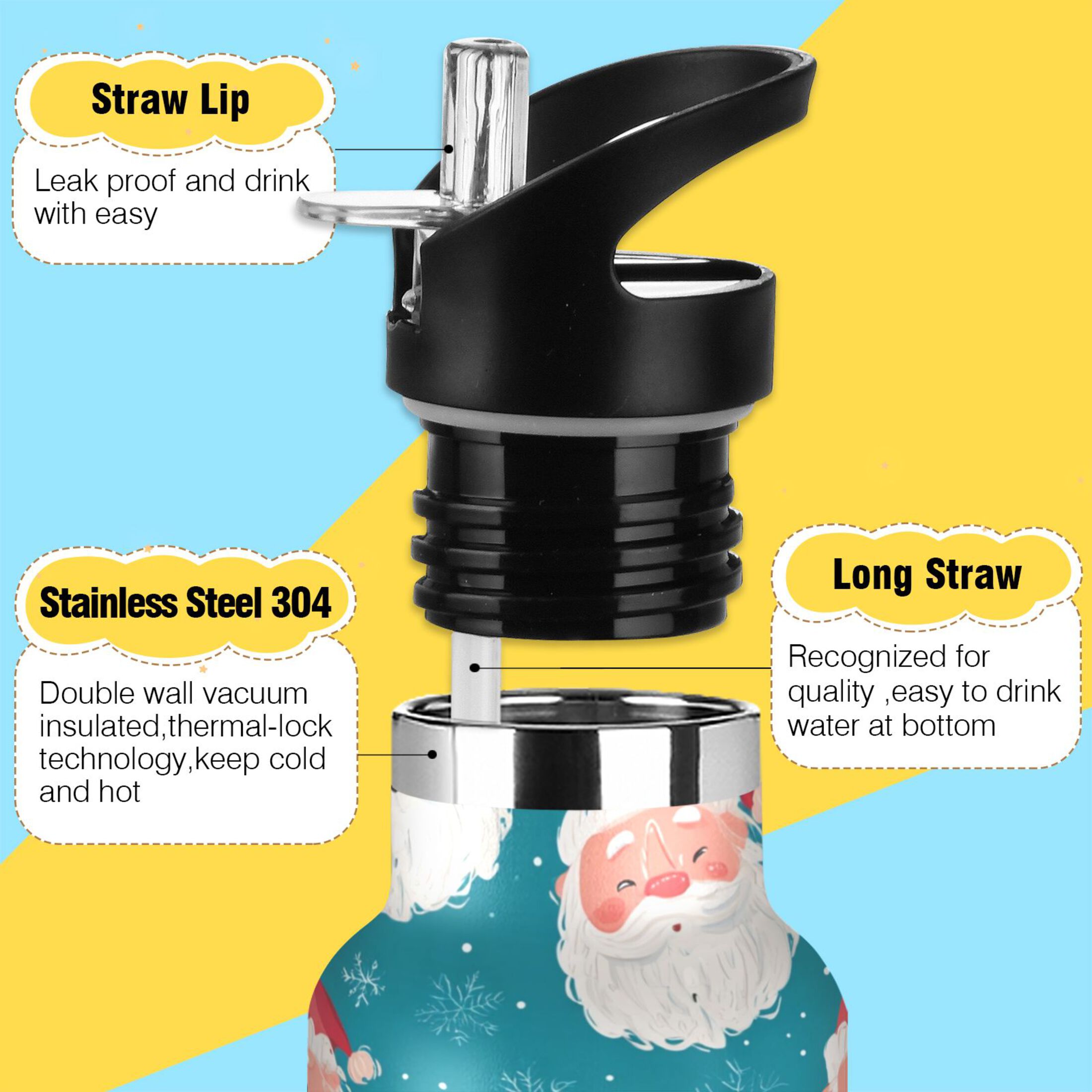 600ML Stainless Steel Insulated Cup Sports Water Bottle Portable Thermos Cup Water Glasses Insulated Tumblers Convenient and Durable Santa Claus Face