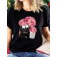 thumbnail image 1 of 1pc Women's Paris Rose Floral & Cosmetic Print Casual T-Shirt - Light Grey Short Sleeve Round Neck Top, Machine Washable All-Season Versatile Tee for Casual Attire or Gift, 1 of 5