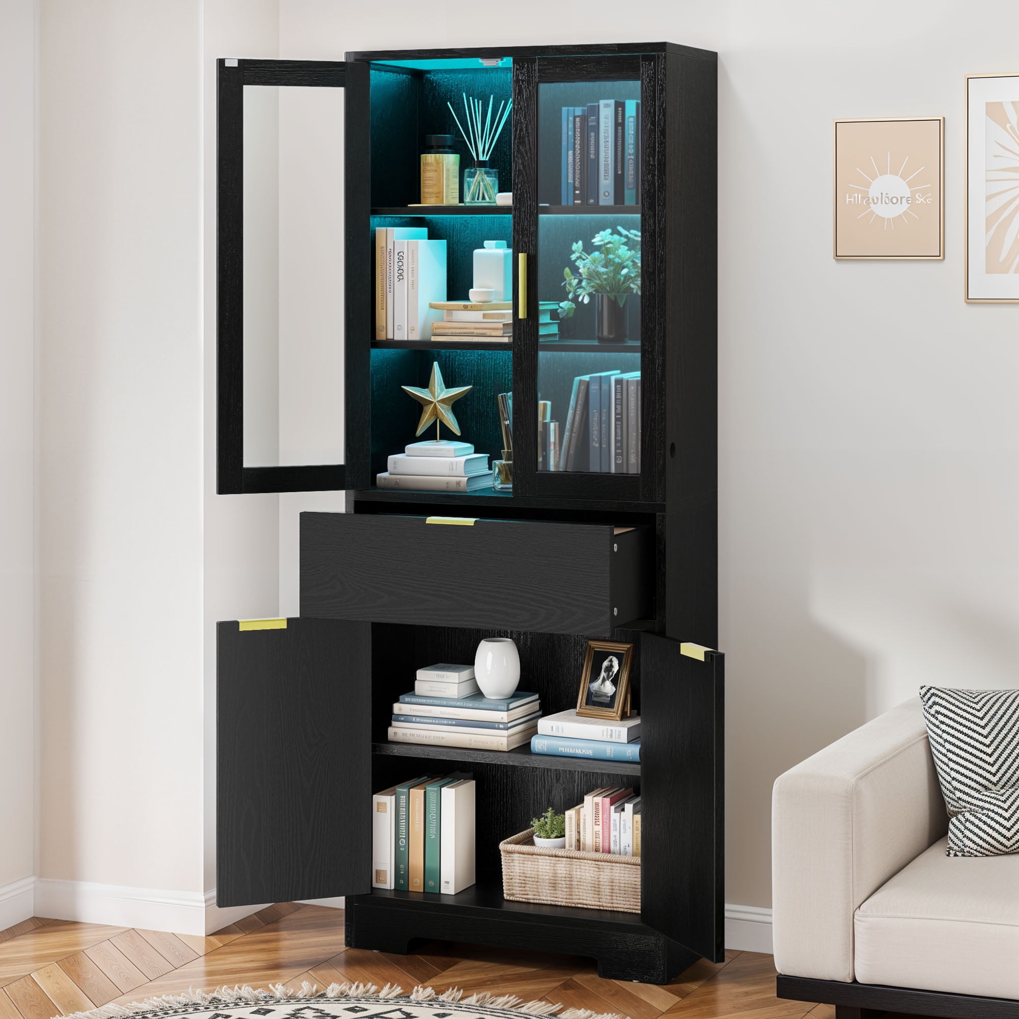 Uforic 65" Bookcase with Drawers & Doors, Tall Storage Cabinet with Adjustable Shelves, Display Bookshelves, Black