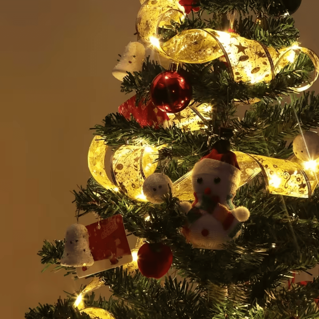 32ft Christmas Tree Ribbon With 100 Led Lights, Gold Ribbon With Wire, Used For Christmas Trees, Battery Powered, Christmas Tree Decorations, Christmas Ribbon Lights