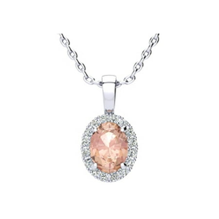1 1/3 Carat Oval Shape Morganite and Halo Diamond Necklace In 10 Karat White Gold With 18 Inch Chain