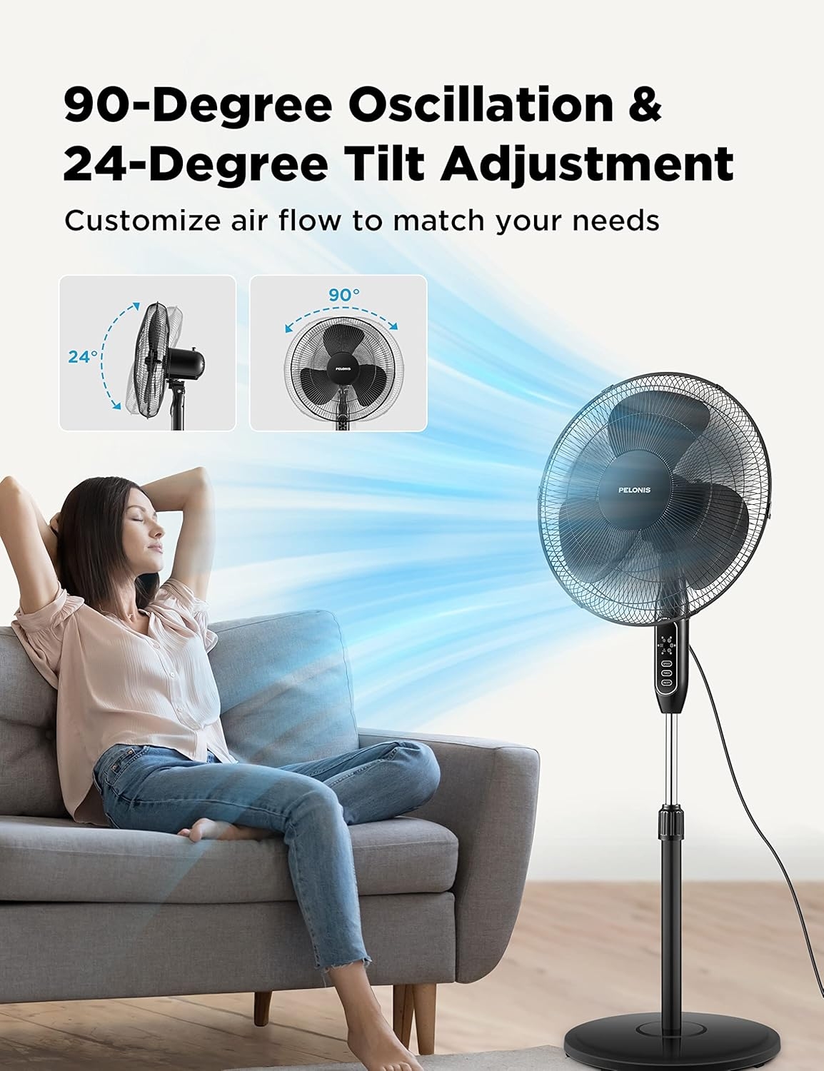 Open Box PELONIS 16 Pedestal Remote Control Oscillating Stand Up Fan 7-Hour Timer 3-Speed and Adjustable Height PFS40A4BBB Supreme 16-Black