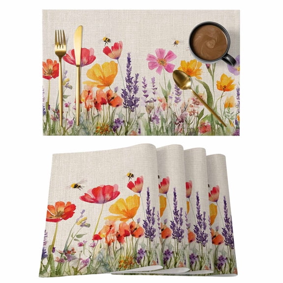 Colorful Flowers Placemats Set of 8, Spring Floral Non-Slip Place Mats Washable Table Mats for Kitchen Dining Table Decorations Indoor/Outdoor